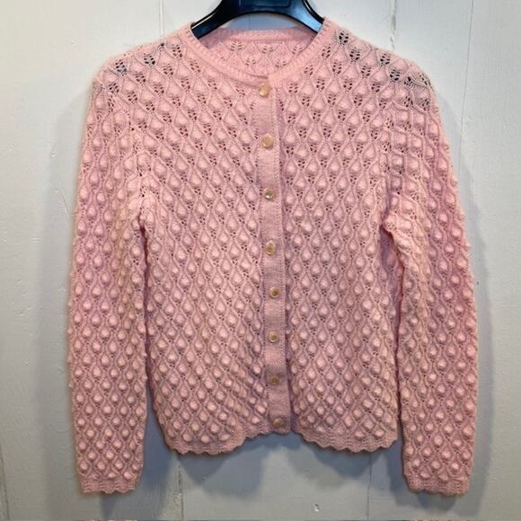 Vintage Handmade Pink Wavy Pineapple Textured Knit Button Cardigan Sweater Large - Picture 1 of 8